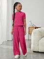 SHEIN Kids Cooltwn Tween Girl Solid Ribbed Knit Tee & Wide Leg Pants