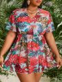 SHEIN Swim Vcay Plus Size Women's Leaf Printed Empire Waist Cover Up Dress