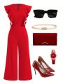 SHEIN Clasi Women Valentine's Day Flounce Wide Leg Jumpsuit