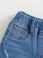 SHEIN Baby Boy Elastic Waist Blue Washed Ripped Summer Denim Short Cuffed Hem Jeans Shorts