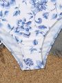 Tween Girl's Random Floral Print Bikini Set And Drawstring Side Swimsuit Skirt