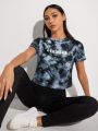 Yoga Trendy Letter Graphic Tie Dye Sports Tee