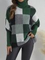 EMERY ROSE Women's Turtleneck Plaid Batwing Sleeve Sweater