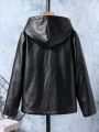 SHEIN Kids EVRYDAY Tween Boy Letter Patched Detail Teddy Lined Hooded PU Leather Jacket Without Tee