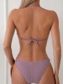 Women's Jacquard Ring Detail Halter Neck Bikini Set