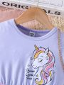 Little Girl'S Unicorn Print Patchwork Gradient Sequin Mesh Dress