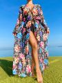 SHEIN Swim Classy New Arrival Printed Waist-Tie Japanese Style Kimono