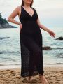 SHEIN Swim Basics Plus Size Solid Color High Slit Cover Up