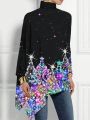 Women's Plus Size High Collar Christmas Printed Asymmetrical Hem T-shirt