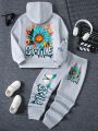 Girls' Cool Flower Print Hooded Sweatshirt And Pants Set