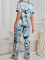 Women'S Dog Printed Satin Pajama Set