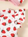 SHEIN Baby 2pcs Strawberry Print Ruffle Trim Tee & 1pc Pants & 1pc Shorts & 2pcs Hat & 2pcs Bib