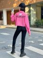 SHEIN Kids HYPEME Girls' Youth Streetwear Sporty Woven Slogan Pattern Long Sleeve Shirt