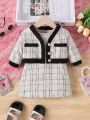 Baby Girls' Stylish Plaid Dress And Colorblock Coat Set