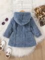 SHEIN Toddler Girls' Casual, Cute, Fun, Warm Fluffy Hooded Dress Made Of Thick Plush Fabric, Suitable For Outdoor Activities In Autumn And Winter