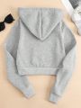 Letter Graphic Zip Up Drawstring Thermal Lined Crop Hoodie