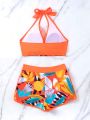 Summer Beach Tropical Print Halter Bikini Set