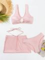 Women's 3pcs/Set Splice Color 3d Flower Decorated Vest Style Swimsuit