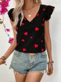 SHEIN LUNE Heart Patterned V-Neck Blouse With Ruffled Sleeves