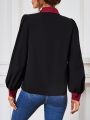 SHEIN LUNE Women'S Color-Blocked Regular Shoulder Long Sleeve Casual Shirt