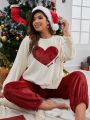 Plus Christmas Heart Embroidery Drop Shoulder Flannel PJ Set