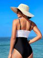 SHEIN Swim Chicsea Women's Color Block One Piece Swimsuit With Bowknot And Ruching Detail On Chest