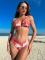 SHEIN Swim BohoFeel Floral Print Bikini Swimsuit Set With Circle Decoration + Long Sleeve Kimono