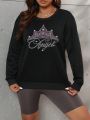 Plus Rhinestone Crown & Letter Graphic Drop Shoulder Sweatshirt