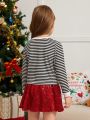 SHEIN Kids CHARMNG Young Girl Striped & Heart Print Tee & Sequin Skirt for Christmas