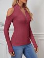 SHEIN Essnce Solid Half Zip Cold Shoulder Tee