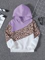 SHEIN Girls' Color Block Leopard Printed Loose Hoodie In Knit Fabric