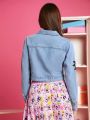 THE POWERPUFF GIRLS X SHEIN 1pc Cartoon Graphic Flap Pocket Crop Denim Jacket