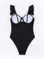 SHEIN Swim Chicsea Women'S Ruffled Shoulder Straps & Pleated Monokini Swimsuit