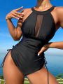 SHEIN Swim Classy Mesh Patchwork Ruched One-Piece Swimsuit