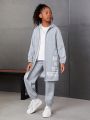 SHEIN Kids Cooltwn Tween Girl Slogan Graphic Drop Shoulder Hooded Coat & Sweatpants Without Tee