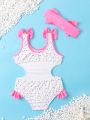 Baby Girl Allover Print Ruffle Trim One Piece Swimsuit & Hairband