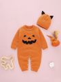 Baby Girl Halloween Pumpkin Pattern Knit Jumpsuit & Hat