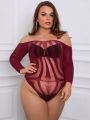 Plus Off Shoulder Hollow Out Fishnet Teddy Bodysuit Without Liner
