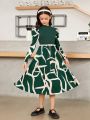 SHEIN Tween Girl Leg-Of-Mutton Sleeve Pattern Printed Patchwork Small Stand-Up Collar Long Dress