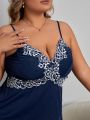 Women's Dark Blue V-neck Camisole Plus Size Pajama Set