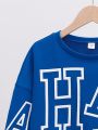 SHEIN Kids EVRYDAY Boys' Casual Letter Print Round Neck Pullover Long Sleeve Top And Shorts Knitwear Set