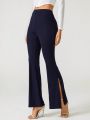 Cacao Bloom Solid Slit Hem Flare Leg Pants