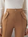 SHEIN BIZwear Women'S Solid Color Flared Pants With Slanted Pockets