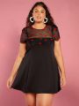 SHEIN CURVE+ Women's Plus Size Black Mesh & Heart Design Round Neck Skirt