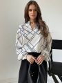 SHEIN Privé Notch Neckline Geometric Pattern Lantern Sleeve Blouse