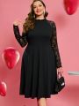 EMERY ROSE Valentine's Day Plus Size Lace Splicing Raglan Sleeve Dress