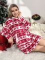 Christmas Elk & Geo Print Drop Shoulder Hooded Flannel Night Dress