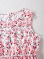 2pcs Tween Girls' Short Puff Sleeve Top With Asymmetrical Hem And Floral Printed Sleeveless Dress Set