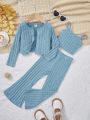 SHEIN Toddler Girls' Slim Fit Casual 3pcs/set Spaghetti Strap Vest, Knit Cardigan & Flare Pants Outfits