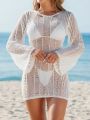 SHEIN Swim BohoFeel Women's Long Sleeve Hollow Out Cover Up Dress